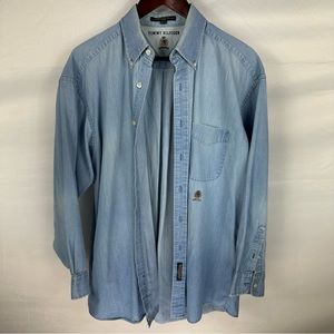 Tommy Hilfiger Chambray Button Down XL - XXL Light Blue Shirt Vintage Lion Crest